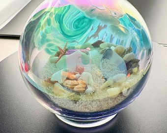 Vintage Glass Eye Studio Ocean Beach Paperweight - Sand and Seashells Inside