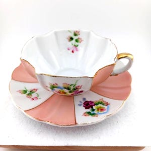 Vintage Ucagco Hexagon Shaped Teacup and Saucer - Made in Occupied Japan - Peach and White with floral pattern