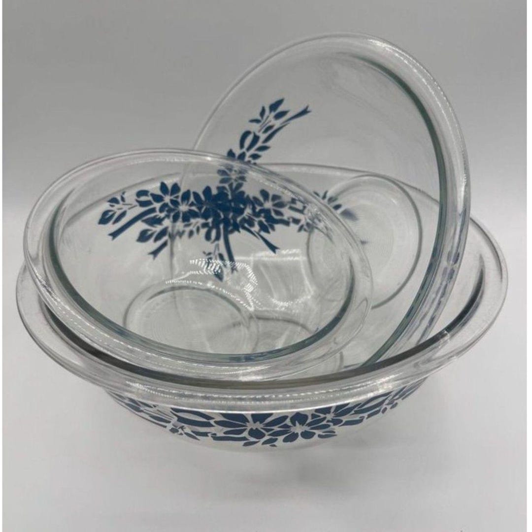 Pyrex Clear Blue Flowers Ribbon Nesting Bowls Lot 322 323 325 1990s 1L ...