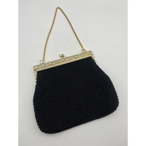 Vintage Black Beaded Purse Gold Chain Clasp 50s-60s Hong Kong 12” chain Classic