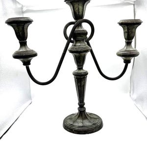 3-arm green patina metal heavy candelabra made in India 17&quot; tall 16&quot; wide 6&quot; base Shabby Chic