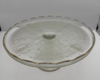 Jeannette Glass Harp Glass Cake pedestal Plate Gold trim 10” diameter