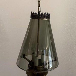 MCM Hanging Pendant Ceiling Light fixture Brass Smoked Glass Globe Untested 1960