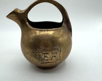 Solid Brass Pitcher "EF" Monogram Water Can Paperweight Primitive