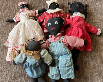 Vintage Lot 5 Primitive Folk Art Rag dolls 2-18", 17", 16" & 12" African American