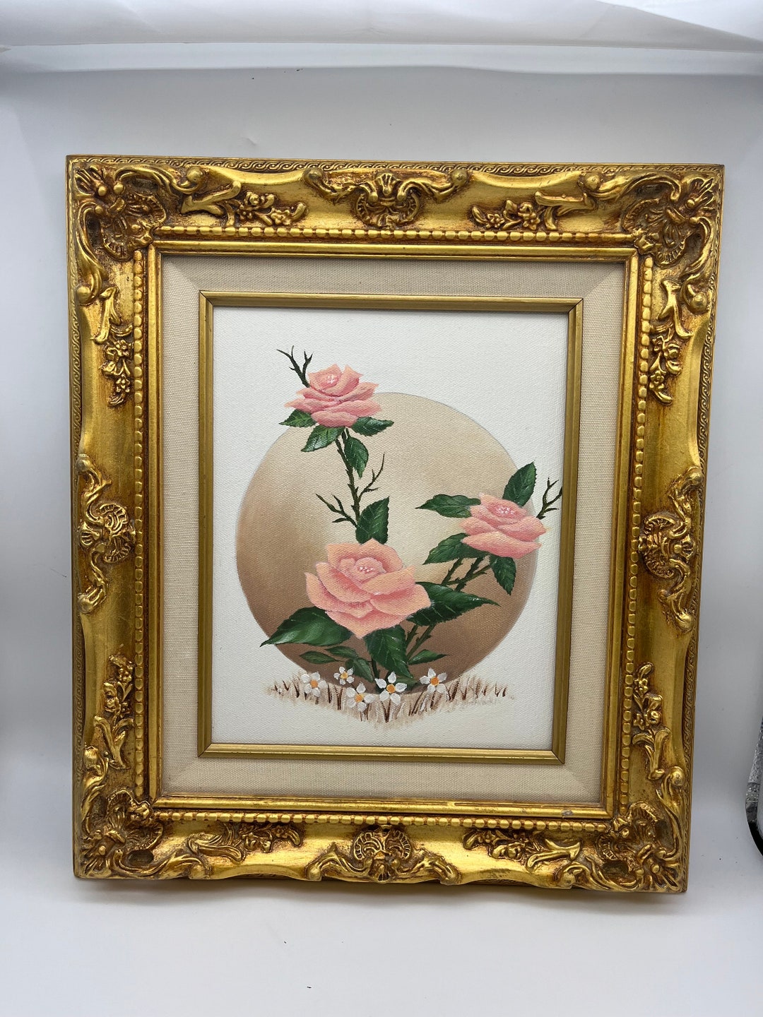 Vintage Ornate Gold Framed Oil Painting Pink Roses Floral Flowers 16 X ...