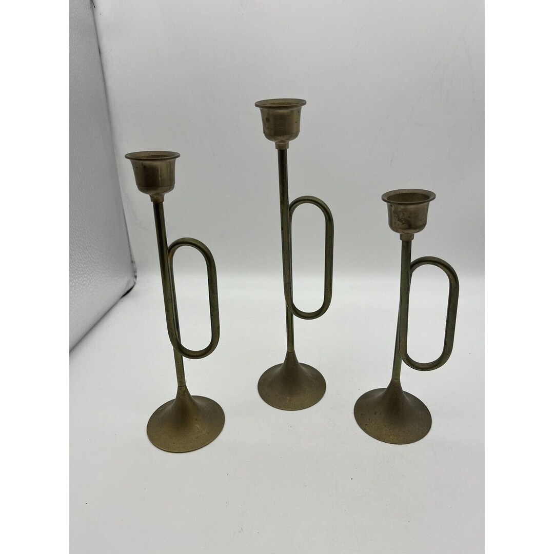 Vtg Lot 3 Brass Graduated Bugle Horn Candlesticks Candle Etsy
