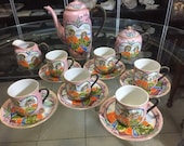 Pink Inmortals lithophane complete 6 cup 6 dishes teacup sugar bowl milkmaid. Handpainted, eggshell