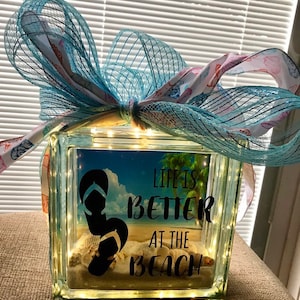 Beach Theme lighted glass cube centerpiece &quot;It&#39;s Better at the Beach&quot; flip flop design