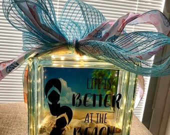 CUSTOM Beach Theme lighted glass cube centerpiece "It's Better at the Beach" flip flop design and your FAVORITE BEACH photo