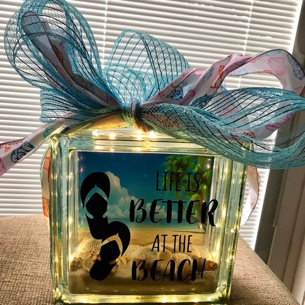 CUSTOM Beach Theme lighted glass cube centerpiece "It's Better at the Beach" flip flop design and your FAVORITE BEACH photo