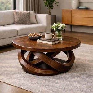 Round Solid Walnut Coffee Table – Sculptural Interlocking Ring Base, Modern Rustic Centerpiece, Handcrafted Custom Wood Furniture