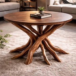 Round Solid Walnut Coffee Table – Sculptural Interlocking Ring Base, Modern Rustic Centerpiece, Handcrafted Custom Wood Furniture