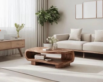 Sculptural Solid Wood Coffee Table – Mid Century Modern Organic Curved Oval Centerpiece, Handmade Custom Living Room Table