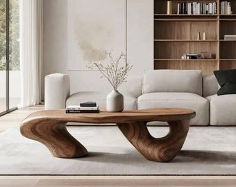 Organic Shaped Solid Wood Coffee Table – Wabi Sabi Sculptural Centerpiece, Abstract Modern Low Table, Handmade Custom Furniture