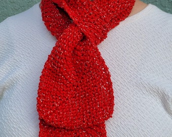 Bright red cotton hand knit scarf silver thread