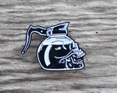Coffee Pot Skull Enamel Lapel Pin Single Posted w Rubber Backs - Cute Skull Enamel Pin - Cute Coffee Enamel Brooch Pin - Black Death Badge