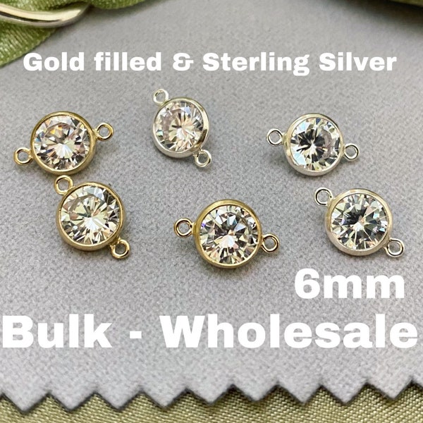 Set of 5 x 14kt Gold Filled or Sterling Silver Gemstone CONNECTORS 6mm - Top Quality AAA Cz Bezel - Bulk Permanent Jewelry Supply - USA made