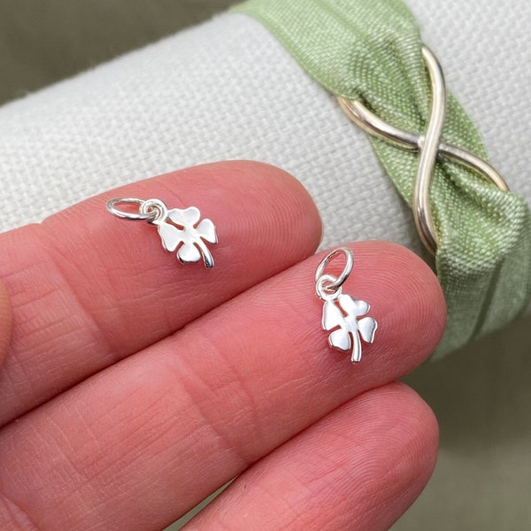 Set of 2 x 925 Sterling Silver Tiny Shamrock Charms 4 Leaf Clover Drops for Earrings Bracelet or Necklace St. Patricks Day - Jewelry Supply