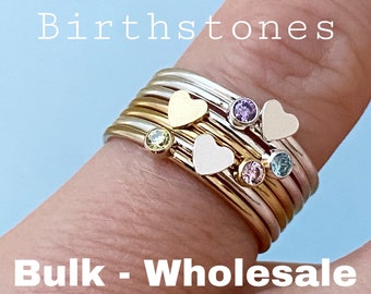 Set of 5 x You Choose Rings - Heart or Birthstone Ring Sizes 5-9 - 14kt Gold Filled or 925 Sterling Silver - 2mm stone - Jewelry Supplies