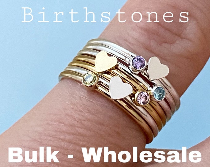 Set of 5 x You Choose Rings - Heart or Birthstone Ring Sizes 5-9 - 14kt Gold Filled or 925 Sterling Silver - 2mm stone - Jewelry Supplies