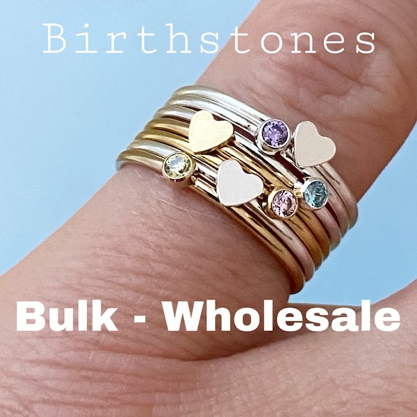 Set of 5 x You Choose Rings - Heart or Birthstone Ring Sizes 5-9 - 14kt Gold Filled or 925 Sterling Silver - 2mm stone - Jewelry Supplies