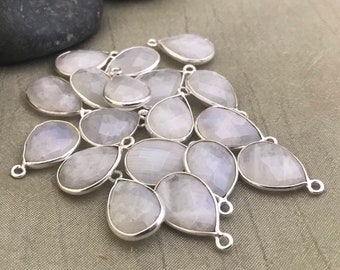 Sterling Silver Natural Moonstone Charm - 10x14mm Faceted Small Teardrop - Pear Bezel Gemstone Pendant - June Birthstone - Wholesale