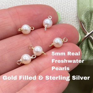 Set of 5 x Gold Filled or Sterling Silver 5mm Round Real Freshwater Pearl CONNECTOR - Top Quality AAA Pearls Bulk Permanent Jewelry Supply