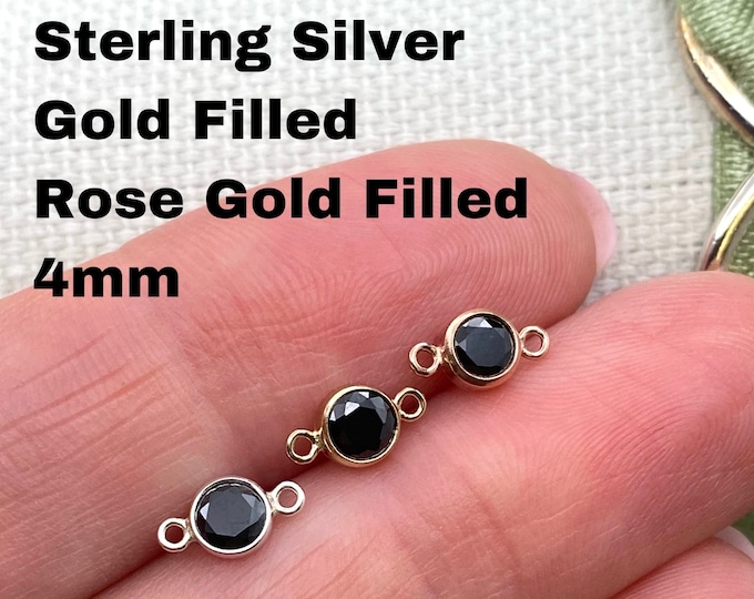 Set of 5 x Black 14kt Gold Filled, Rose Gold Filled or Sterling Silver Gemstone CONNECTOR 4mm - AAA Cz Bezel - Permanent Jewelry USA B16