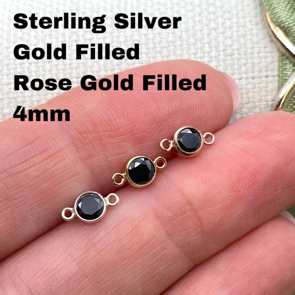 Set of 5 x Black 14kt Gold Filled, Rose Gold Filled or Sterling Silver Gemstone CONNECTOR 4mm - Quality AAA Cz Bezel - Permanent Jewelry USA