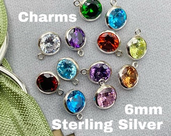 Set of 6mm Sterling Silver Birthstone CHARMS - Top Quality AAA Cz Bezel Charm - Earring Charms - Bulk Wholesale Jewelry Supply - USA B30