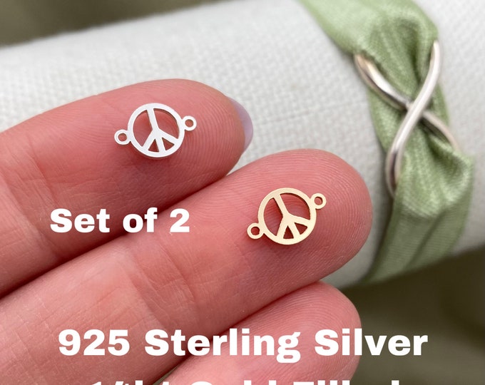 Set of 2 x 14Kt Gold Filled or Sterling Silver Peace Sign Connector - Peace Link for Bracelet or Necklace - Bulk Permanent Jewelry Supply L7