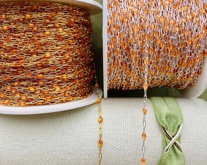 Peachy Orange Enamel Chain by the Foot - 14kt Gold Filled or Sterling Silver - Colorful Paperclip Chain Permanent Jewelry - Sunburst E30