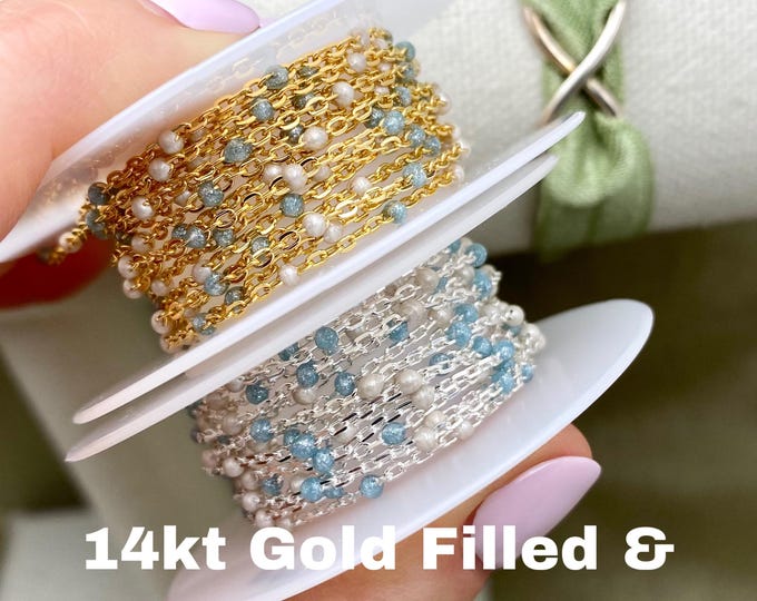 Ice Queen Premium Glitter Blue & White 14kt Gold Filled or Sterling Silver Enamel Chain - Colorful Chain Permanent Jewelry - Dot Enamel E23