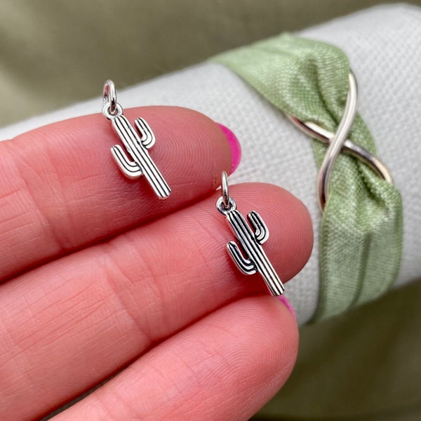 Set of 2 x 925 Sterling Silver Tiny Cactus Charms Drop for Earrings Bracelet or Necklace - Desert Nature Arizona Texas - Bulk Jewelry Supply