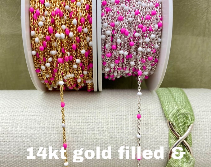 Premium pink & White 14kt Gold Filled or Sterling Silver Enamel Chain - Colorful Cable Satellite Chain Permanent Jewelry - Dot Enamel E17