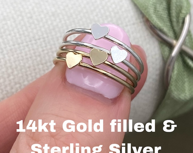 Set of 5 x Heart Rings - Sizes 5-9 - 14kt Gold Filled or 925 Sterling Silver - 2mm stone - Valentines Day Gifts - Wholesale Jewelry Supplies