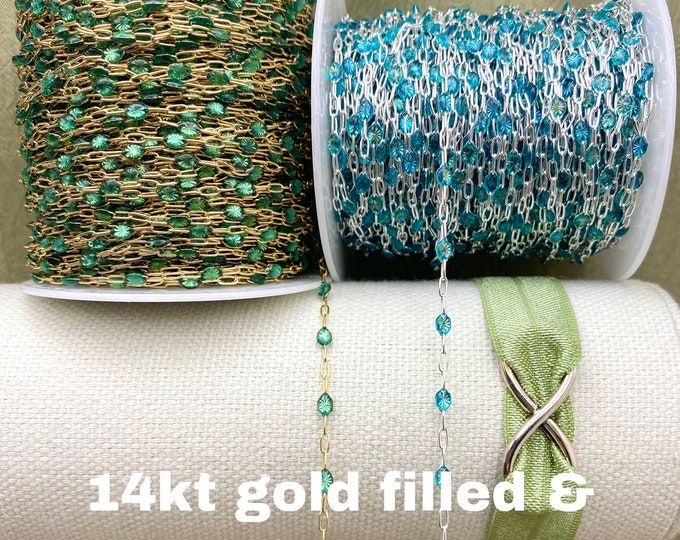 Premium Teal Blue Green 14kt Gold Filled or Sterling Silver Enamel Chain - Paperclip Chain Permanent Jewelry - Sunburst Enamel Chain E15