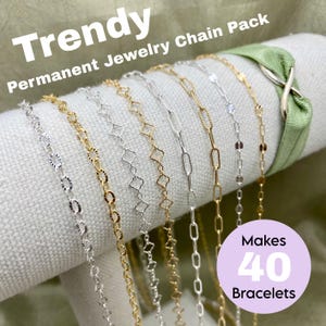 May include: A selection of gold and silver-toned jewelry chains, displayed on a white surface. The image includes the text "Trendy Permanent Jewelry Chain Pack" and "Makes 40 Bracelets."