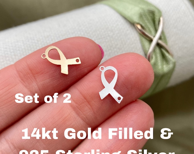 Set of 2 x 14Kt Gold Filled or Sterling Silver Awareness Ribbon Connectors - Cancer Support Ribbon Link for Bracelet - Permanent Jewelry L18