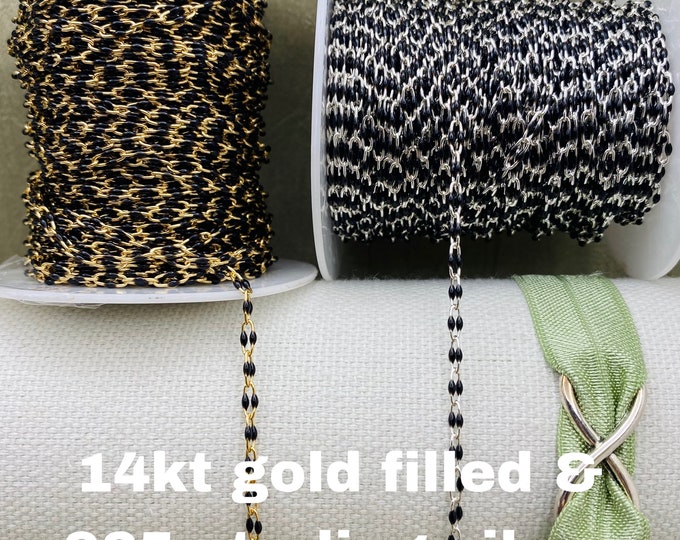 Premium Black 14kt Gold Filled or Sterling Silver Enamel Chains - Colorful Paperclip Chain for Permanent Jewelry - Twin Enamel Chains E11