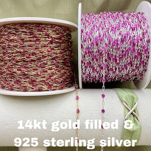 Premium Fuchsia Enamel - Chain by the Foot - 14kt Gold Filled or Sterling Silver - Colorful Paperclip Chain Permanent Jewelry - Sunburst E14