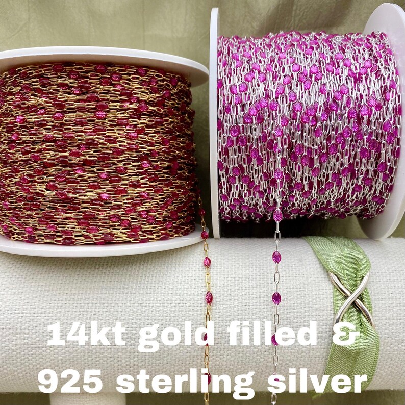 Premium Fuchsia Enamel - Chain by the Foot - 14kt Gold Filled or Sterling Silver - Colorful Paperclip Chain Permanent Jewelry - Sunburst E14