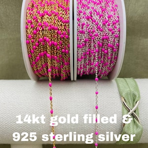 Premium Hot Pink 14kt Gold Filled or Sterling Silver Enamel Chains - Colorful Cable Satellite Chain Permanent Jewelry - Dot Enamel Chain E3