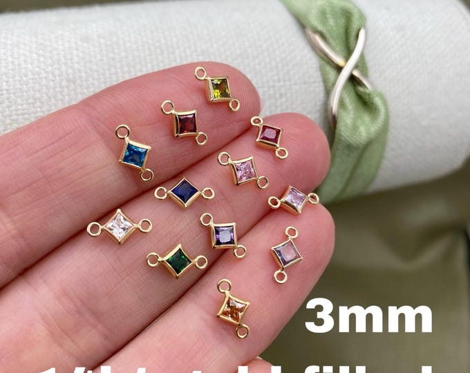 3mm 14kt Gold Filled Diamond Shaped Birthstone CONNECTORS - Princess Cut Square CZs - You Choose Mix & Match - Permanent Jewelry Supply B32