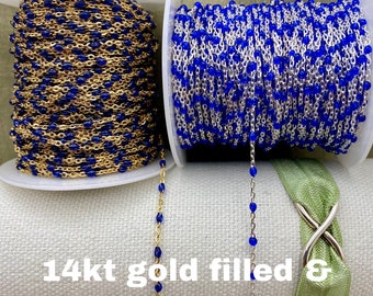 Premium Sapphire Blue Enamel - Chain by the Foot - 14kt Gold Filled or Sterling Silver - Colorful Chain Permanent Jewelry - Dot Enamel E7