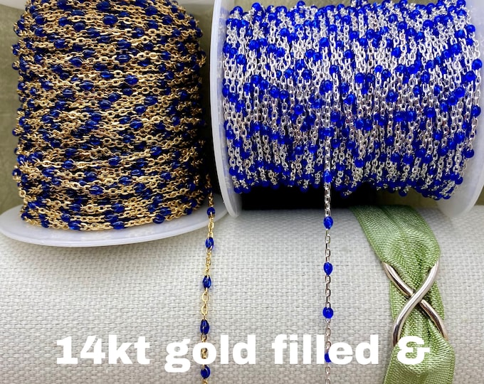 Premium Sapphire Blue 14kt Gold Filled or Sterling Silver Enamel Chains - Colorful Cable Satellite Chain Permanent Jewelry - Dot Enamel E7
