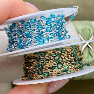 Premium Teal Blue Green - Chain by the Foot - 14kt Gold Filled or Sterling Silver Enamel Chain Permanent Jewelry - Sunburst Paperclip E15