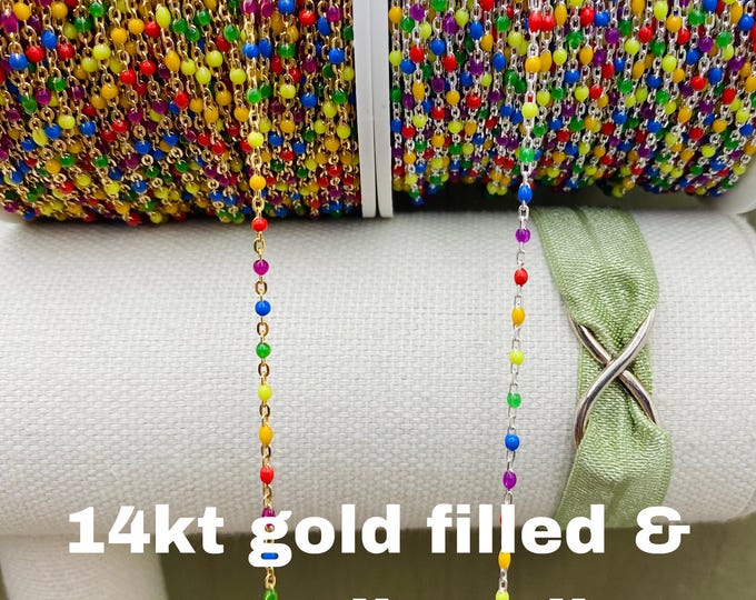 Premium Rainbow Color 14kt Gold Filled or Sterling Silver Enamel Chain - Colorful Pride Chain Permanent Jewelry - Wholesale Dot Enamel E19