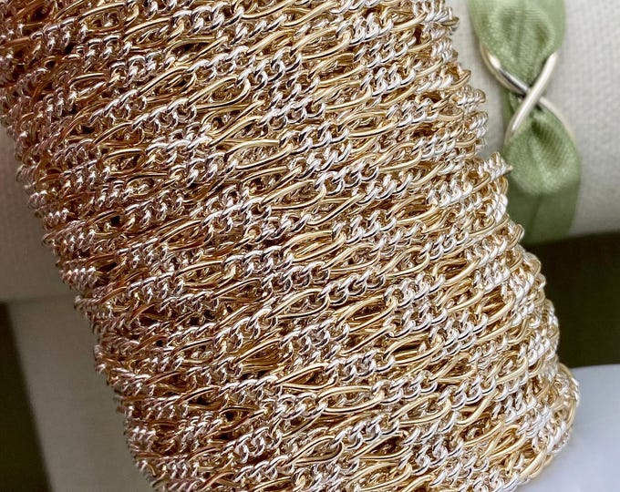 Mixed Metal Figaro 3.35mm - Chain by The Foot - 14kt Gold Filled & Sterling Silver Two Tone Figaro Chain - Permanent Jewelry - C29